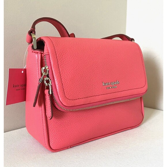 New Kate Spade Run Around Large Flap Crossbody Pebble Leather Peach Melba - Picture 2 of 8